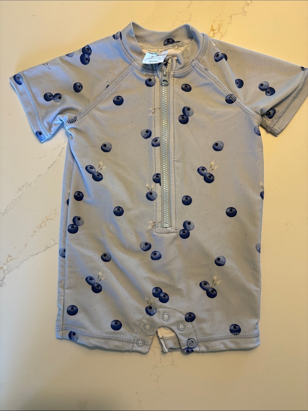 Kids Blue Short-Sleeve Zipper Front Swim Romper with Berry Print